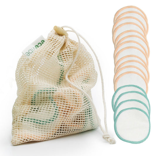 16 Dischetti Struccanti Riutilizzabili — Set Zero Waste con Sacchetto in Rete - Oikós